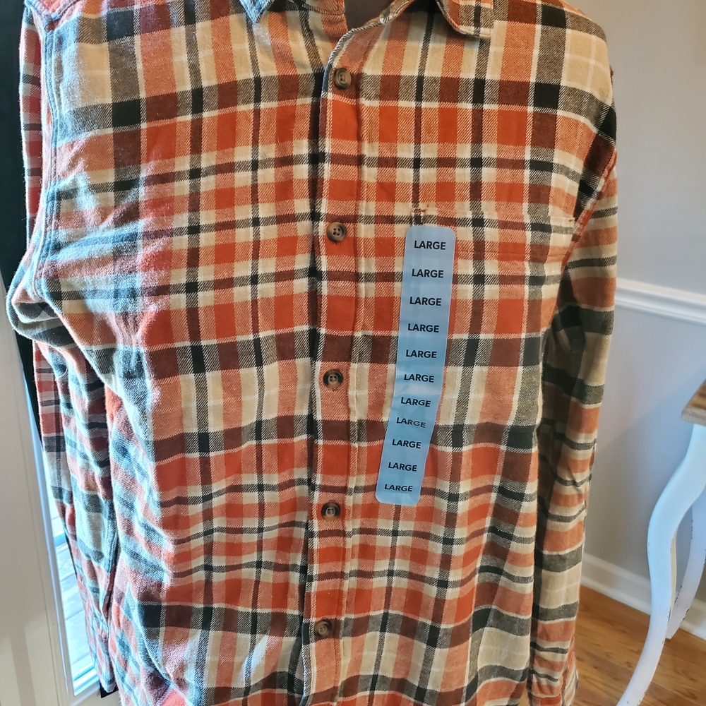 Eddie Bauer Men's Casual Plaid Shirt - Orange, Black, and Cream LARGE NWT